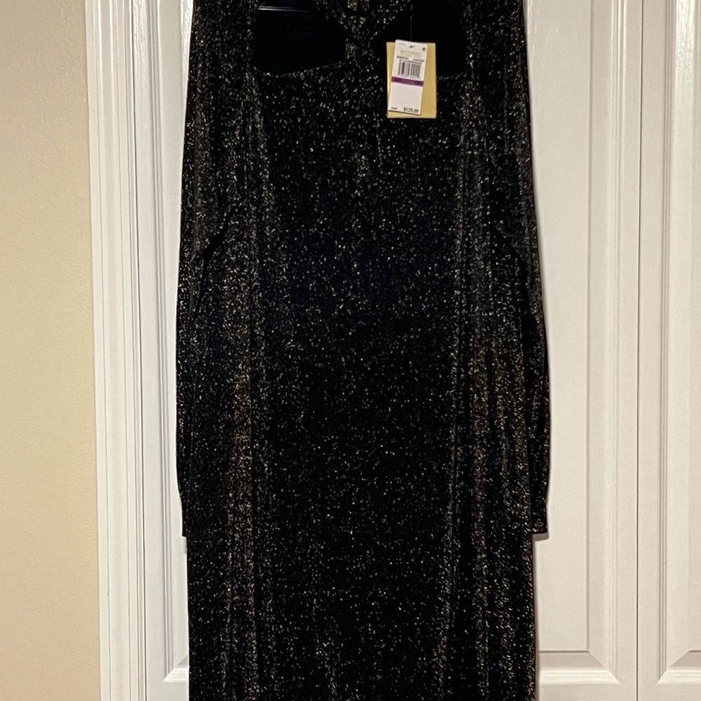 Michael Kors Black and Gold Metallic Long Sleeve Peter Pan Collar Gown